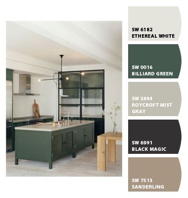 Paint colors from ColorSnap by Sherwin-Williams/ Love the ethereal white and billiard green Billiard Green, House Color Schemes Interior, Sherwin Williams Green, Dallas House, Blue White Decor, Interior Remodel, Green Paint Colors, Rv Interior, Green Cabinets