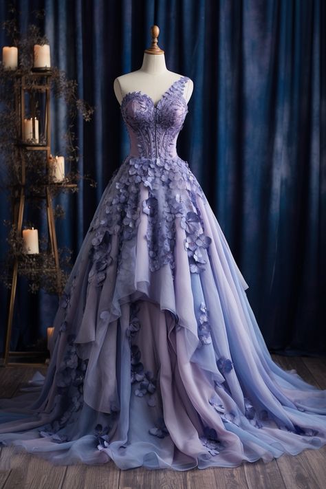 Bluebell inspired gown Royal Purple Ball Gown, Mystique Aesthetic, Violet Wedding Dress, Purple Fantasy Dress, Purple Fairy Dress, Purple Ballgown, Rapunzel Wedding Dress, Winter Ball Dresses, Purple Ball Gown