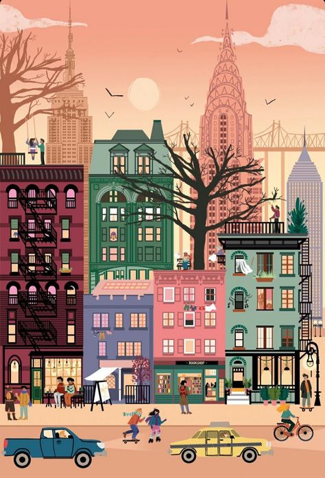 New York Street Illustration, Nyc Illustration Art, Big City Illustration, City Illustration Design, City Illustration Art, Nyc Illustration, Nyc Drawing, Urban Illustration, New York Illustration