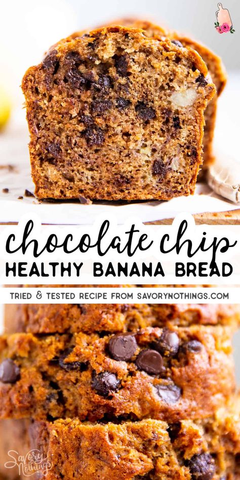 Try this healthy Chocolate Chip Banana Bread recipe if you want to whip up an easy breakfast treat for your family. It's made with whole wheat flour and refined sugar free, so it's perfect for breakfasts, to add to lunch boxes or as a quick snack. | #bakingrecipes #healthybaking #healthyfood #healthycooking #refinedsugarfree #healthybaking #bananabread #healthybreakfastideas #healthybreakfast Healthy Chocolate Chip Banana Bread, Wheat Banana Bread Recipe, Low Sugar Banana Bread, Choc Chip Banana Bread, Chocolate Chip Bread Recipe, Sugar Free Banana Bread, Whole Wheat Banana Bread, Chocolate Chip Banana Bread Recipe, Flours Banana Bread