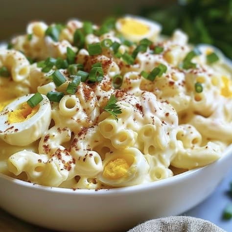 Deviled Egg Pasta Salad: The Ultimate Crowd-Pleaser for All Occasions Macaroni Salad Recipe With Egg, Devil Egg Pasta Salad Recipe, Devilled Egg Pasta Salad, Pasta Salad Party, Deviled Egg Macaroni Salad Recipe, Air Fryer Mini Pizzas, Lunch With Eggs, Deviled Egg Pasta Salad Recipe, Egg Macaroni Salad