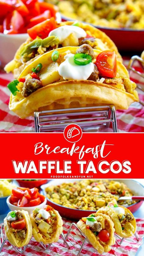 Brinner Ideas, Waffles Ideas, Waffle Tacos, Green Peppers And Onions, Tacos Breakfast, Waffle Taco, Red And Green Peppers, Waffle Sandwiches, Breakfast Hotel