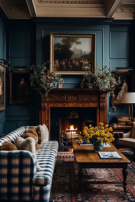 Dark Blue Cozy Living Room, Rich Moody Living Room, Living Room Designs Old Money, Old Mansion Living Room, Old House Decor, Old Money Inside House, Academia Living Room, Old Money Living Room Dark, Moody Traditional Living Room