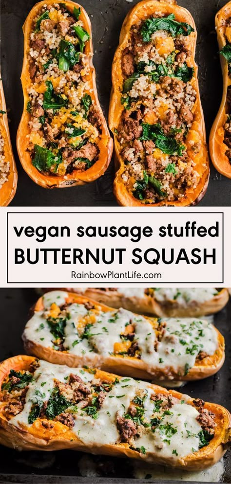 Butternut Sausage, Sausage Stuffed Butternut Squash, Garlic White Sauce, Vegan Main Dish, Squash Butternut, Butternut Squash Vegan, Stuffed Butternut Squash, Squash Spaghetti, Rainbow Plant Life