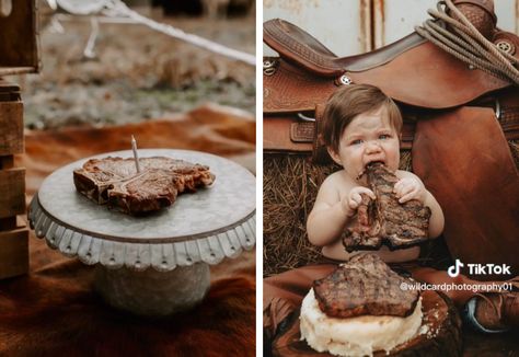 Cake Smash With Steak, 1 Year Steak Smash, Steak Cake Smash, One Year Old Steak Smash, Steak Baby Photoshoot, Baby Steak Photoshoot, Rodeo Themed 1st Birthday Photoshoot, One Year Cowboy Pictures, Steak First Birthday