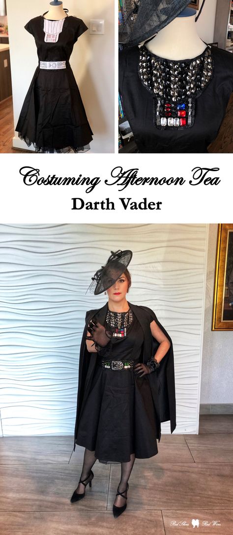 A dapper afternoon tea and disneybound version of Darth Vader with statement necklace and belt pdf pattern (cosplay, cosplayer, Costume blogger, costume college, costumer, digitized, costume, fascinator hat, femme vader, free download, hand sewing, high tea outfit, rhinestones, sew on, sparkles, star wars) Starwars Themed Outfits, Star Wars Dapper Day, Dapper Day Star Wars, Star Wars Day Outfit, Darth Vader Disneybound, Disney Bounding Star Wars, Darth Vader Dress, High Tea Outfit, Character Closet