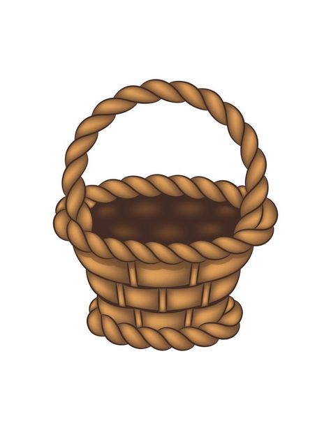 Empty brown wicker basket with handle in a simple cartoon style. Drawing illustration of straw basketry. Isolated vector object for decor. Illustration for children, children's design. Wicker Basket Drawing, Brown Objects, Basket Cartoon, Basket Clipart, Ad Drawing, Illustration For Children, Basket Drawing, Decor Illustration, Brown Baskets