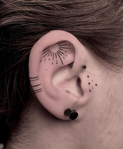 Spiritual Ear Tattoo, Ear Tattoos Inner, Ear Sun Tattoo, Sun Ear Tattoo, Back Of The Ear Tattoos, Cute Ear Tattoos, Dainty Face Tattoos, Tattoo Ideas Ear, Earlobe Tattoo