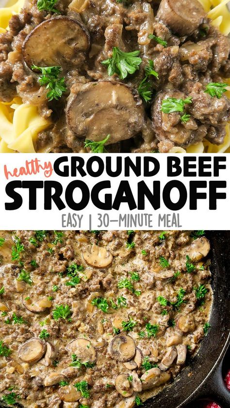 Healthy Ground Beef Stroganoff is a "lightened up" version of traditional stroganoff. It is a delicious mixture of lean ground beef, mushrooms, onions and spices, all in a creamy greek yogurt sauce! Serve it on its own, over egg noodles, or with rice. It's also so easy to make, and cooks in around 30 minutes! Click for the full detailed recipe and video! #beefstroganoff #beefrecipes #stroganoff #groundbeef #pastarecipes Healthy Ground Beef Stroganoff, Stroganoff With Greek Yogurt, Healthy Stroganoff, Healthy Beef Stroganoff, Traditional Beef Stroganoff, Greek Yogurt Sauce, Beef Stroganoff Easy, Ground Beef Stroganoff, 30 Minute Meals Easy