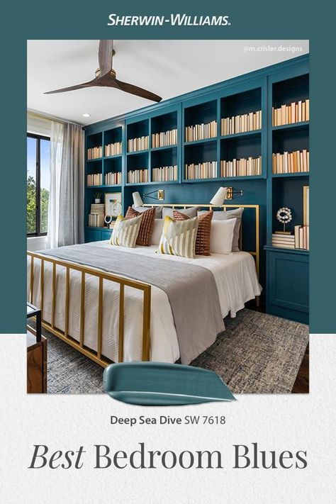 Dive into blissful sleep with a blue bedroom hue for your walls. Tap the pin to read our blog to discover more of our favorite blue bedroom inspiration, like this space painted in Deep Sea Dive SW 7618 by @m.crisler.designs (on Instagram). #color #inspiration #DIY #sherwinwilliams #paint #colorinspiration #bluepaint #blue #bedroom Tsunami Paint Color, Teal Bedroom Paint Colors, Bedroom Blues, Best Sherwin Williams Paint, Sherwin Williams Blue, Best Blue Paint Colors, Teal Bedroom, Bedroom Colour Palette, Paint Color Inspiration