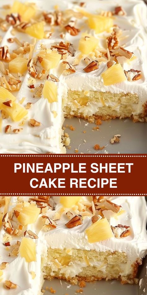 Treat your taste buds to a tropical delight with our Pineapple Sheet Cake recipe! This moist and flavorful cake is topped with creamy cream cheese frosting, shredded coconut, and chopped pecans. Perfect for any occasion, this dessert is sure to impress your family and friends. Hawaiian Sheet Cake, Pineapple Cake With Cream Cheese Icing, Easy Sheet Cake Recipes, Pineapple Sheet Cake Recipe, Pineapple Sheet Cake, Pineapple Cheese Casserole, Pineapple Poke Cake, Coconut Sheet Cakes, Sheet Cake Recipe