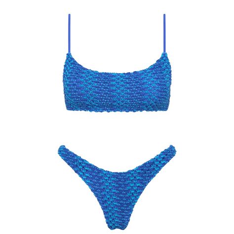 A Scoop Crop Bikini Top In Blue Crochet With Matching High Waist Bottoms. Strappy Crop Top With Adjustable Shoulder Straps And Back Clasp Fastening. Top: Medium Bottoms: Medium, Cheeky **Willing To Negotiate On Price Summer Wishlist, Triangle Bathing Suit, Strappy Crop Top, Triangle Swimsuit, Triangl Swimwear, Blue Crochet, Swim Suits, Summer Bikinis, Blue Swimsuit