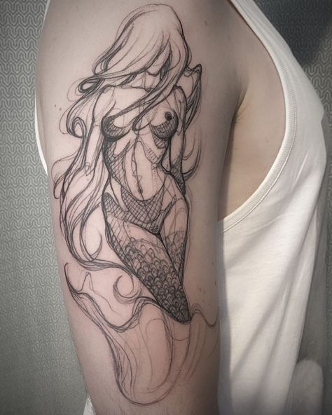 Tattooed Mermaid Tattoo, Mythical Mermaid Tattoo, Flower Mermaid Tattoo, Mermaid With Fish Tattoo, Arm Sketch, Illustrative Mermaid Tattoo, Mermaid Sleeve Tattoos, Siren Tattoo, International Tattoo