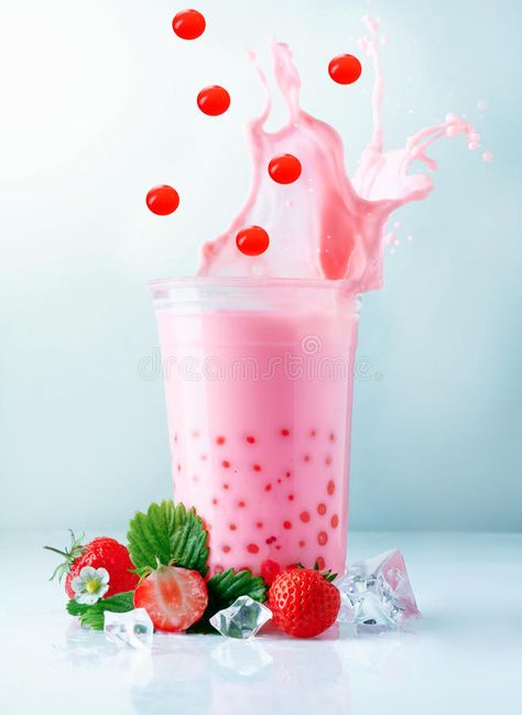 Splashing boba tea with falling pearls. Fruity pink strawberry boba tea splashin , #SPONSORED, #pearls, #Fruity, #pink, #falling, #Splashing #ad Strawberry Boba Tea, Strawberry Boba, How To Store Strawberries, Simple Sugar Syrup, Boba Recipe, Boba Tea Recipe, Popping Boba, Black Tea Bags, Boba Drink