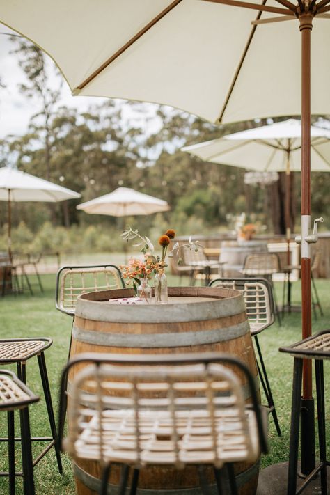 Barrel Table Wedding, Cocktail Reception Decor, Barrel Wedding Decor, Casual Wedding Reception, Wine Barrel Wedding, Wine Barrel Decor, Shed Wedding, Wine Barrel Table, Barrel Wedding