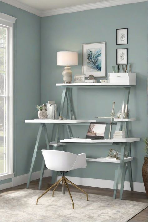 Discover how Sea Salt (SW 6204) can transform your office into a refreshing coastal oasis with this daily routine for interior designers. Dive in and create tranquility. #Ad #homedecor #homedesign #trendgirlApartment #Painthome #interiorarchitecture Wall Colors Green Room Colors Bright Room office Colors Apartment Renovation Home office Remodeling Modern Paint Colors 2024 Calming Office Paint Colors Sherwin Williams, Pale Blue Office, Coastal Paint Colors Sherwin Williams Top Sail, Coastal Wall Colors Lowe's, Coastal Paint Colors Lowe's, Office Paint Ideas, Home Office Wall Color Ideas, Behr Coastal Paint Colors Bathroom, Home Office Paint Colors