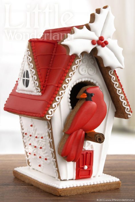 Gingerbread house with Red Cardinal Cookie resting on Cinnamon Stick!!! Gingerbread House Designs, All Things Gingerbread, Gingerbread House Cookies, Cake Wrecks, Cookie Connection, Cookie House, Candy House, Christmas Gingerbread House, Red Bird