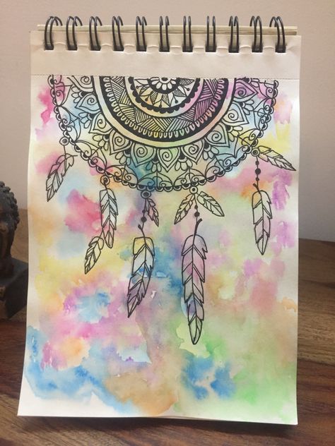 Mandala On Coloured Background, Mandala Art Dream Catcher Easy, Mandala With Watercolor Background, Mandala Art With Watercolor Background, Doodle Art Designs Colourful, Easy Colourful Mandala Drawing, Mandala Drawing Dream Catcher, Water Colour Doodling, Water Colour Background Ideas