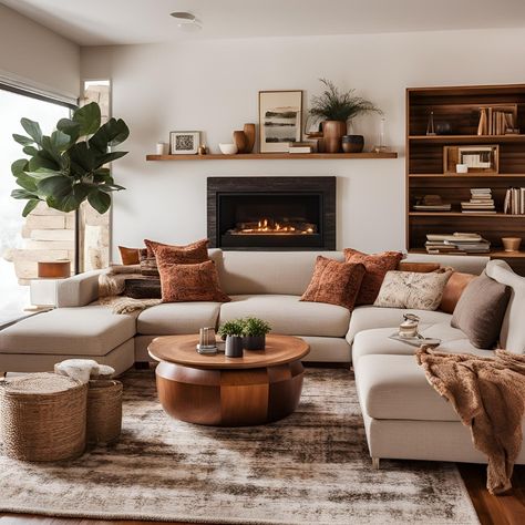 Rustic charm meets modern comfort. ✨ This inviting living room features a cozy fireplace, exposed brick, and comfy furniture. The perfect place to relax after a long day. Like our page for more inspiring living room ideas! Warm Cosy Living Room, Living Room Inspo Modern Cozy, Cosy Living Room Decor, Living Room Inspiration Cozy, Comfy Furniture, Inviting Living Room, Rustic Apartment, Open Living, Cosy Room