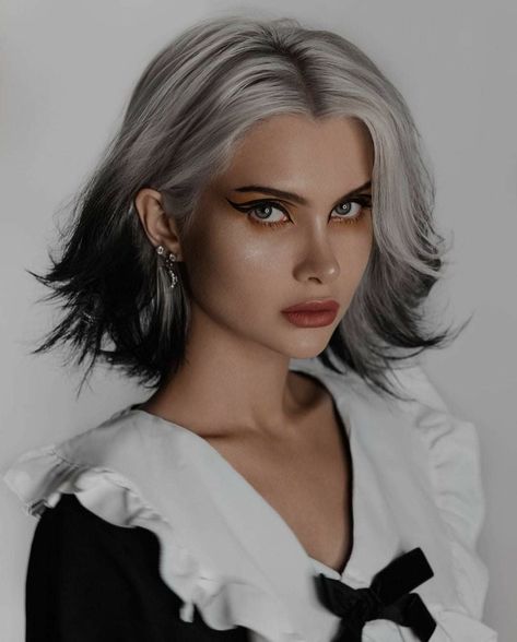 White Hair Streaks On Black Hair, White Hair Black Streak, Black White Ombre Hair, Silver Hair Black Tips, Platinum Blonde With Black Tips, Silver Hair With Black Tips, Short White And Black Hair, Black And Silver Short Hair, Skunk Streak Hair Short