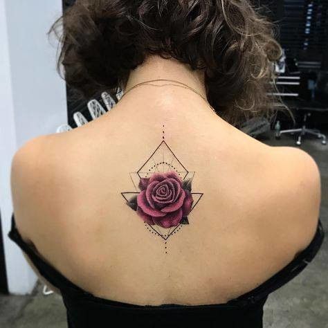 Photo | PINK ROSE TATTOO ON BACK from my tumblr blog | Firepower Flower | Flickr Roses Tattoos, Rose Tattoo On Back, Geometric Rose Tattoo, Pink Rose Tattoos, Tattoos Rose, Rose Tattoos For Women, Small Rose Tattoo, Geometric Rose, Roses Tattoo