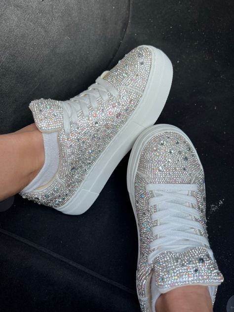 White and silver women’s rhinestone sneakers with a small platform Sparkle Sneakers Wedding, Sparkly Wedding Sneakers, Sneakers For Wedding Brides, Kourtney Wedding, Prom Sneakers, Trip Fits, Sparkly Sneakers, Bride Sneakers, Rhinestone Sneakers