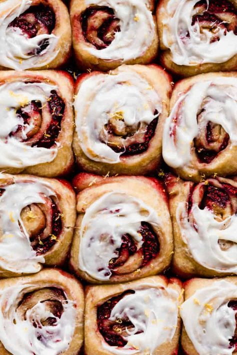 overnight raspberry lemon sweet rolls with cream cheese icing - Blue Bowl Overnight Rolls, Mini Quiche Cups, Lemon Sweet Rolls, Overnight Cinnamon Rolls, Brioche Dough, Cinnamon Roll Bake, Lemon Filling, Raspberry Filling, Perfect Brunch