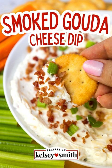 smoked gouda dip topped with bacon bits and green onions served with carrots celery and crackers Gouda Dip Recipe, Celery Boats, Gouda Cheese Dip, Gouda Dip, Gouda Recipe, Super Bowl Dips, Office Potluck, Cold Dip, Football Watch Party