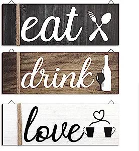 What you get: the package comes with 3 pieces of wood home signs, one decorated with eat and a pair of spoons and forks, one decorated with drink and a bottle of red wine and a goblet, and one decorated with love and a pair of lovers' cups; Each piece is tied with twine on the left and is carefully designed Rustic Wooden Kitchen, Wooden Kitchen Signs, Farmhouse Kitchen Wall Decor, Farmhouse Kitchen Wall, Love Wood Sign, Eat Sign, Kitchen Dining Living Room, Kitchen Dining Living, Kitchen Sign