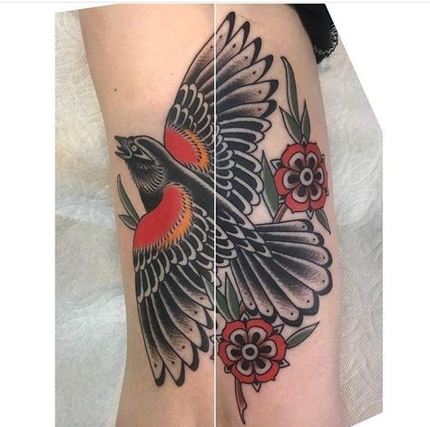 Beatles Inspired Tattoos, Blackbird Tattoo, Chickadee Tattoo, Wings Tattoo Meaning, Respect Tattoo, Red Winged Blackbird, Red Wing Blackbird, Black Bird Tattoo, American Traditional Tattoo Ideas