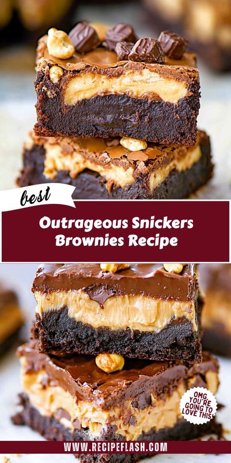 Indulge in the ultimate dessert experience with these Outrageous Snickers Brownies! Rich chocolate, creamy caramel, and crunchy peanuts come together for a decadent treat. Perfect for parties or a sweet craving, these brownies will satisfy your dessert dreams. Bake, slice, and enjoy this irresistible delight! Snickers Brownies, Snickers Dessert, Snicker Brownies, Creamy Caramel, Caramel Chocolate, Brownies Recipe, Marshmallow Fluff, Bakery Cakes, Desert Recipes