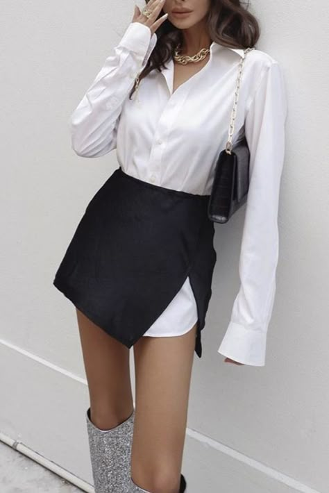 Black Skirt White Shirt Outfit, Black And White Outfits Classy Chic, White Blouse Outfit Classy, White Blouse Black Skirt, Izi Angus, White Shirt Black Skirt, Parisian Style Decor, White Blouse Outfit, Silk Blouse Outfit