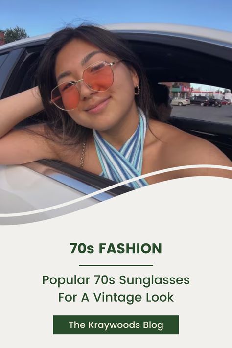 woman wearing pink sunglasses in 70s fashion Women In The 70s, Back To The 70s, 70s Sunglasses, Eyewear Trends, 70’s Fashion, Eye Wear, The Feels, All The Feels, Iconic Style