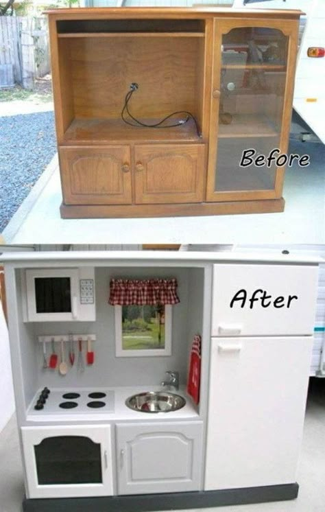 Upcycle an old entertainment center into a kid’s dream play kitchen. | 75 Insanely Clever DIYs Every Parent Will Wish They Knew About Sooner Old Tv Consoles, Old Tv Cabinet, Old Entertainment Centers, Diy Christmas Gifts For Kids, Play Kitchens, Kids Play Kitchen, Flea Market Flip, Diy Play Kitchen, After Pictures