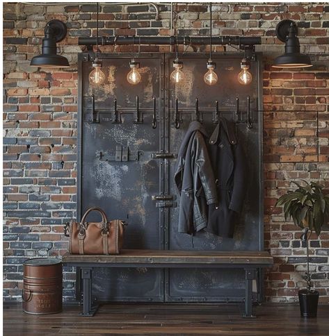 Industrial Entrance Design, Dark Entrance Hall Ideas, Industrial Shop Design, Entrance Furniture Ideas, Industrial Entryway Ideas, Industrial Entrance, Steam Punk Decor, Gray Entryway, Industrial Furniture Design