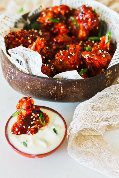 Gochujang Cauliflower Wings (Vegan Gluten Free) Gochujang Cauliflower, 2024 Meals, Cauliflower Sauce, Spicy Cauliflower, Cauliflower Wings, Spicy Korean, Korean Fried Chicken, Puffed Rice, Buffalo Cauliflower