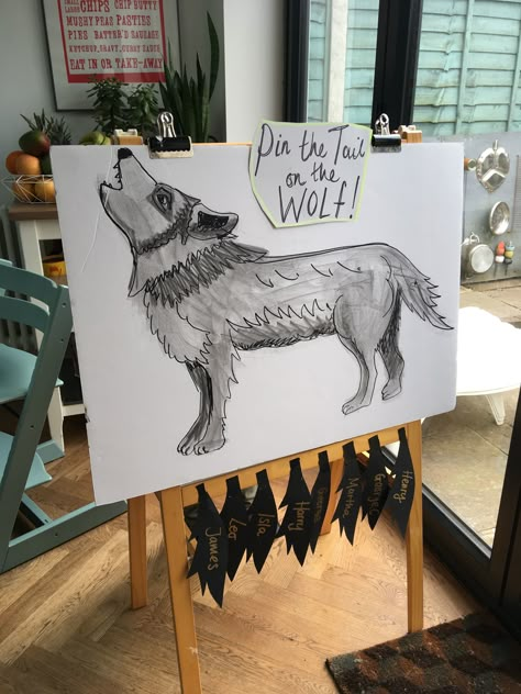 Pin the tail on the wolf Adopt A Wolf Pup Party, Wolf Party Favors, Husky Birthday Party Ideas, Wolf Birthday Party Decorations, Wolf Theme Birthday Party, Wolf Classroom Theme, Wolf First Birthday, Wolf Party Food, Werewolf Themed Party