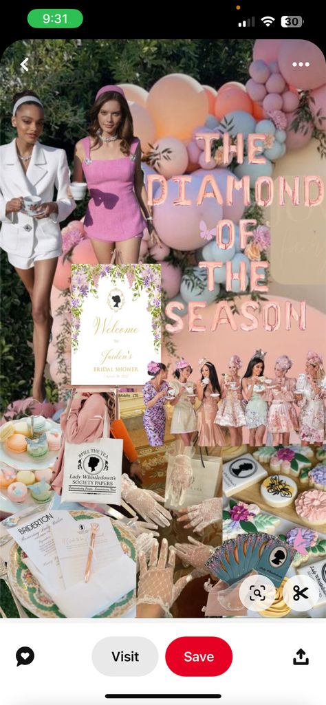 Diamond Of The Season Party, Bridgerton Bachelorette Party, Bridgerton Bridal Shower Ideas, Bach Themes, Bridgerton Theme, Diamond Of The Season, Bridal Shower Inspo, Bachelorette Themes, 30th Bday