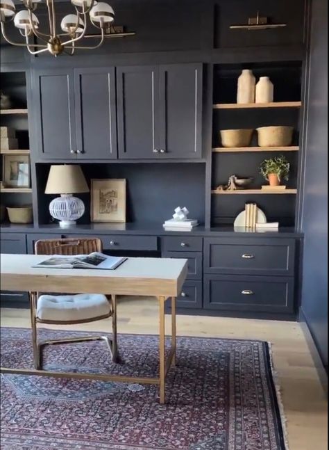 Dark Blue Office Cabinets, Small Office Remodel, Small Office Built Ins, Two Desk Office, Navy Home Office, Blue Home Office, Navy Office, Blue Home Offices, House Renos