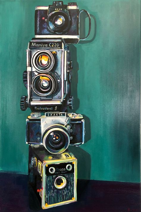 24” x 36” oil painting if vintage cameras Vintage Camera Wallpaper, Camera Oil Painting, Vintage Camera Painting, Old Cameras Aesthetic, Old Fashioned Camera Aesthetic, Old Cameras Vintage Aesthetic, Vintage Cameras Art, Camera Painting, Vintage Camera Decor