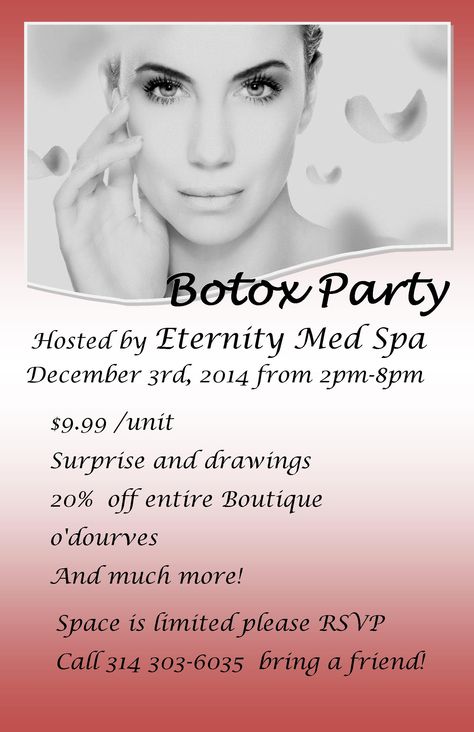 Holiday Botox Party! Botox Parties Ideas, Event Party Ideas, Botox Parties, Botox Clinic, Esthetician Room, Parties Ideas, Party Flyer Template, Beauty Party, The Dating Divas