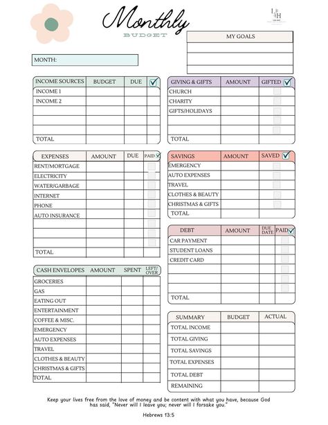 Here is a basic digital download of a monthly budget. It is so easy, user friendly and will help you with your finances. With this basic monthly budget you can put a plan in place for your money! Creating a budget helps you save money, pay off debt, manage your finances and accomplish goals. What are your savings goals? What are you financial goals for the rest of 2024? How do you want to make these goals happen? What steps can you do this month to begin planning for your financial future? www.lisahice.com Instagram @lisa.d.hice YouTube Channel Lisa Hice |Pause, Pray * Simplicity Newlywed Budget Template, Budgets For Beginners Printables, Budget For Monthly Paycheck, Budget Planning Ideas, Single Mom Savings Plan, Organizing Finances Ideas, Monthly Budget Planner Templates Free Printables, How To Set Up A Budget, Budget List Ideas