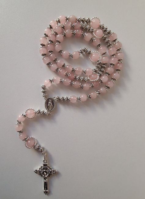 Natural pink stone beaded prayer rosary beads. Made out of natural rose quartz beads, alloy cross set, rings. There is an option to have it in a gift box or wrapped. bead size pink  - 8mm, alloy rings - 10 mm, alloy beads - 4 mm. handmade made yo order perfect gift for mums sisters partners or even blessed present for baby shower. New option added choose from Blue chalcedony or rose quartz Rosary Ideas, Alloy Rings, Sister Gift Ideas, Pink Rosary, Catholic Veil, Personalized Rosary, Handmade Rosary, Rosary Jewelry, Pearl Rosary