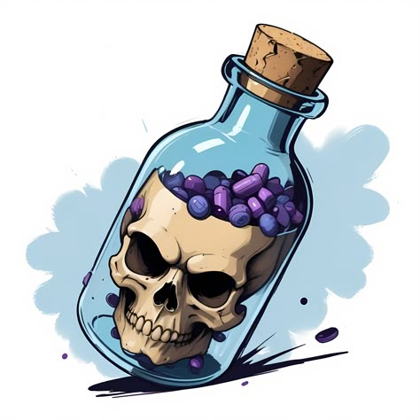 Bottle half full. Cartoon Skull Art, Pill Tattoo Ideas, Skull Watercolor, Skeleton Wallpaper, Paint Art Ideas, Trading Card Ideas, Cool Clipart, Painted Skull, Low Brow Art