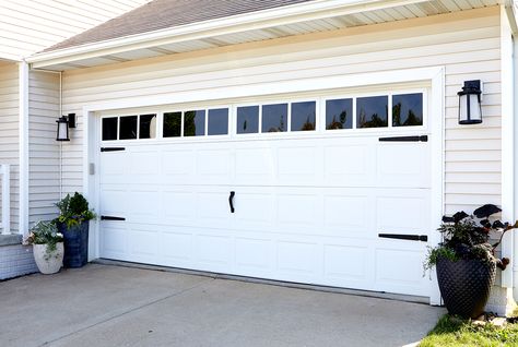 Upgrade your curb appeal with garage door accessories and window panels that look custom but are easy to install in just a couple of hours. Faux Garage Door Windows, Garage Door Decorative Hardware, Garage Door Handles, Garage Windows, Door Diy Projects, Carriage Garage Doors, Garage Door Accessories, Garage Door Panels, Garage Door Windows