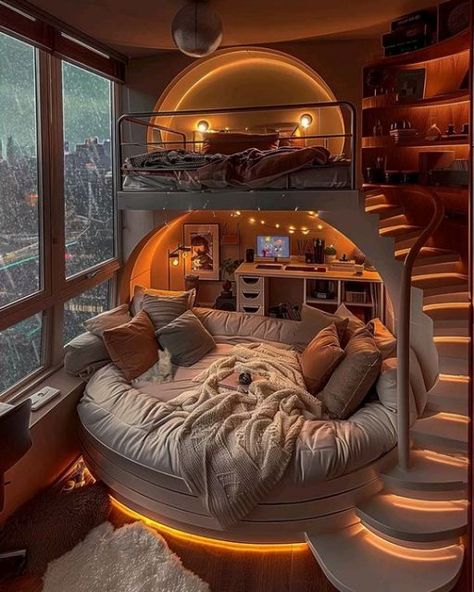 Loft Bedroom Design, Modern Loft Bedroom, Dream Bedroom Luxury, Round Seating, Whimsical Bedroom, Beautiful Bedroom Decor, Dream Bedroom Inspiration, Shorts Design, Luxury Room Bedroom