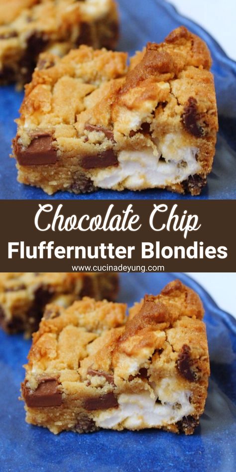 Chocolate Chip Fluffernutter Blondies Recipe, dessert recipes, easy dessert recipes, blondie recipes, dessert blondies Chocolate Chip Fluffernutter Blondies, Peanut Butter Chocolate Chip Cookie Bars, Fluffernutter Cookie Bars, Fluffernutter Blondies, Fluffernutter Brownies, Brownie Types, Fluffernutter Bars, Fluffernutter Sandwich, Peanut Butter Blossom