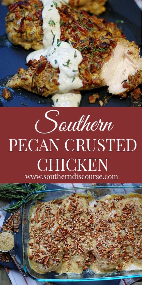 Inspired by a dish at the Biltmore Estate, this easy baked southern pecan chicken recipe has a delicious mustard sauce and glaze. Classy & so delicious, it is THE BEST pecan chicken you'll ever eat! #southerndiscourse #southernpecan #pecancrusted #bakedchicken #holidays Pecan Crusted Chicken, Southern Living Recipes, The Biltmore Estate, Pecan Chicken, Chicken Entrees, The Biltmore, Mustard Chicken, Mustard Sauce, Pecan Recipes