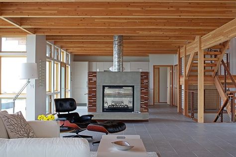 Grand Haven Residence by Allegretti Architects Formal Foyer, Modern Residence, Glass Fireplace, Grand Haven, Amazing Buildings, Exterior Ideas, Modern Rustic Interiors, House And Home Magazine, Rustic Interiors