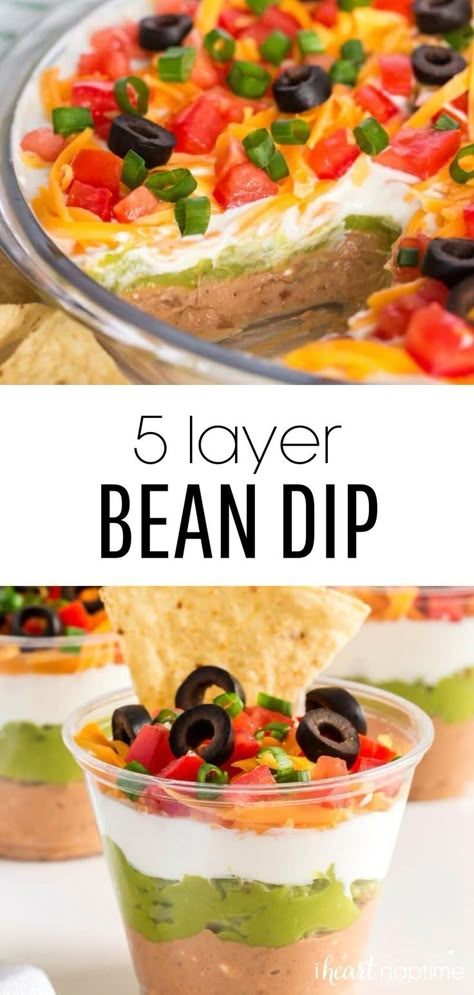 5 Layer Bean Dip, Mexican Layer Dip Recipe, Taco Dips, Comfort Snacks, 5 Layer Dip, Layered Bean Dip Recipe, Church Desserts, Layer Bean Dip, Mexican Dip Recipes